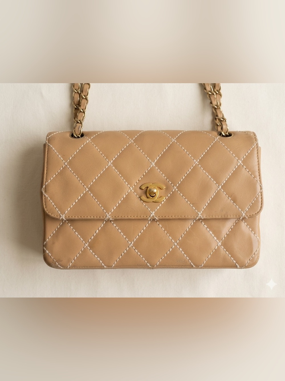 CHANEL Beige Quilted Lambskin Shoulder Bag with Gold Hardware